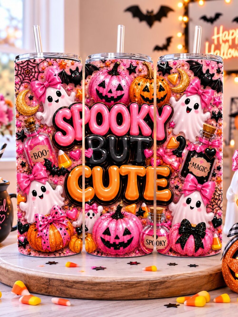 Spooky But Cute Halloween Tumbler, Pink Ghost 20oz Skinny Tumbler